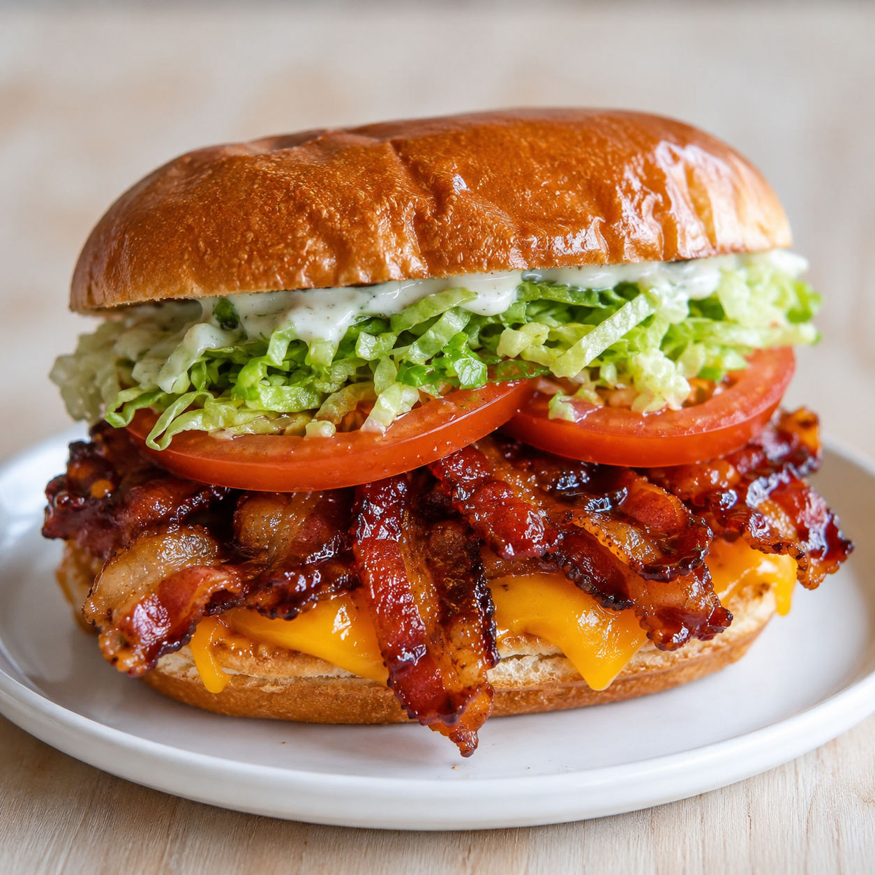 BBQ bacon ranch BLT with melted cheddar, lettuce, and tomato