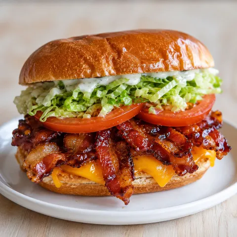 BBQ bacon ranch BLT with melted cheddar, lettuce, and tomato