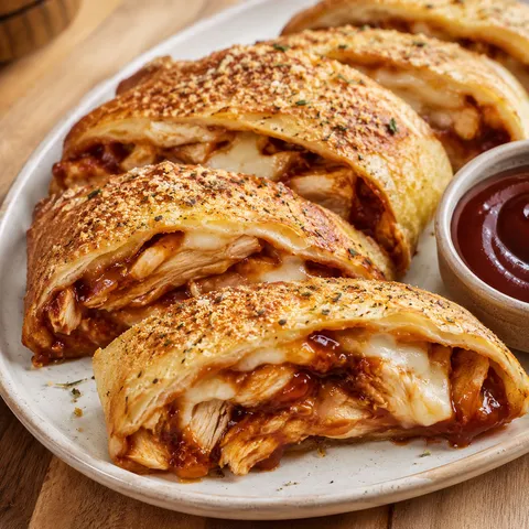 BBQ chicken stromboli slices with melted provolone and Parmesan crust