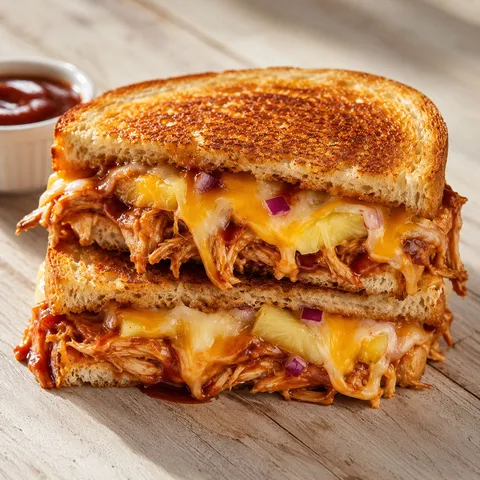 BBQ chicken pineapple grilled cheese with melted cheese on sourdough