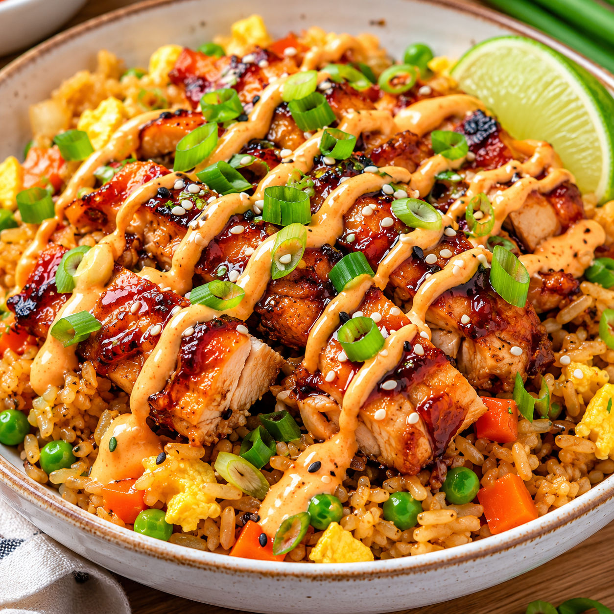 BBQ chicken over tangy fried rice with creamy Japanese sauce