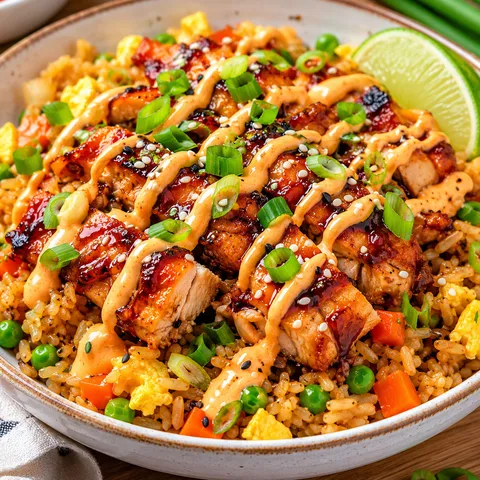 BBQ chicken over tangy fried rice with creamy Japanese sauce