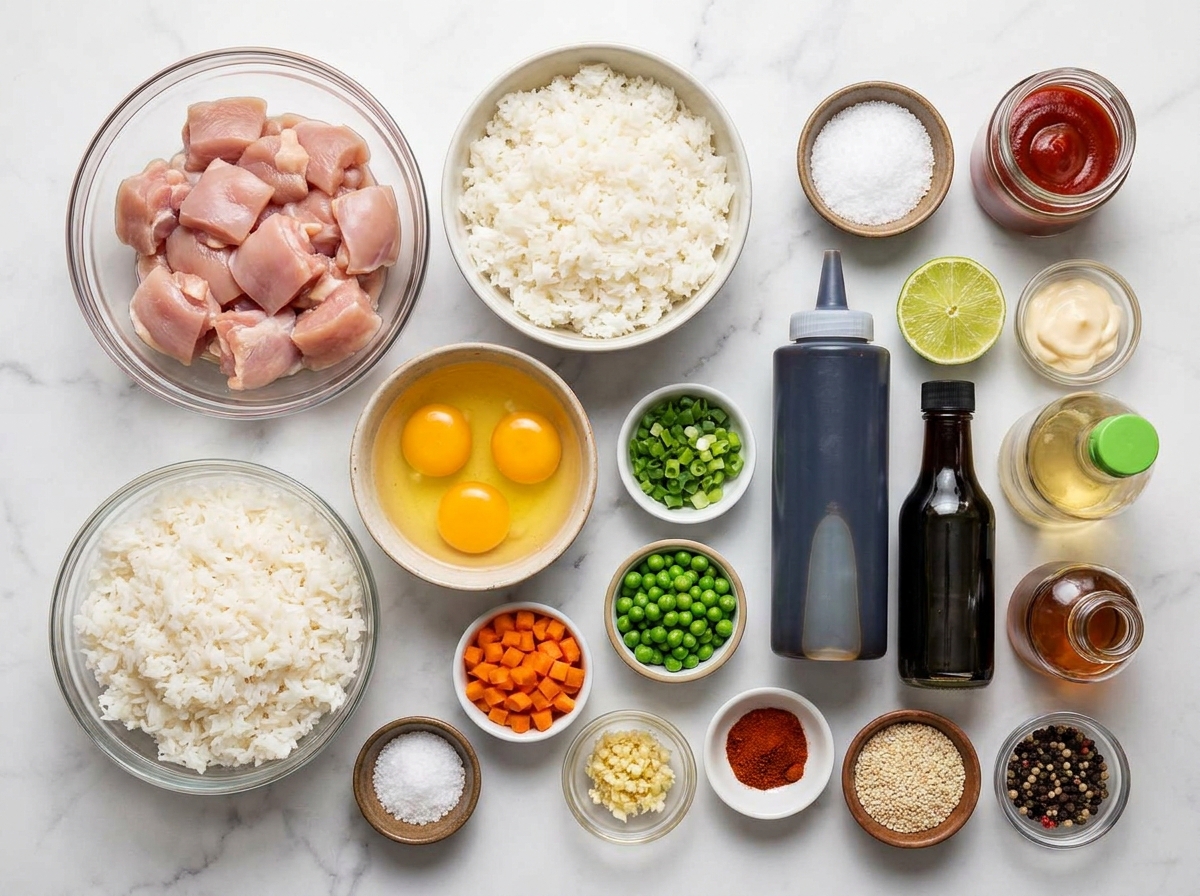 Ingredients for BBQ chicken fried rice with Japanese sauce