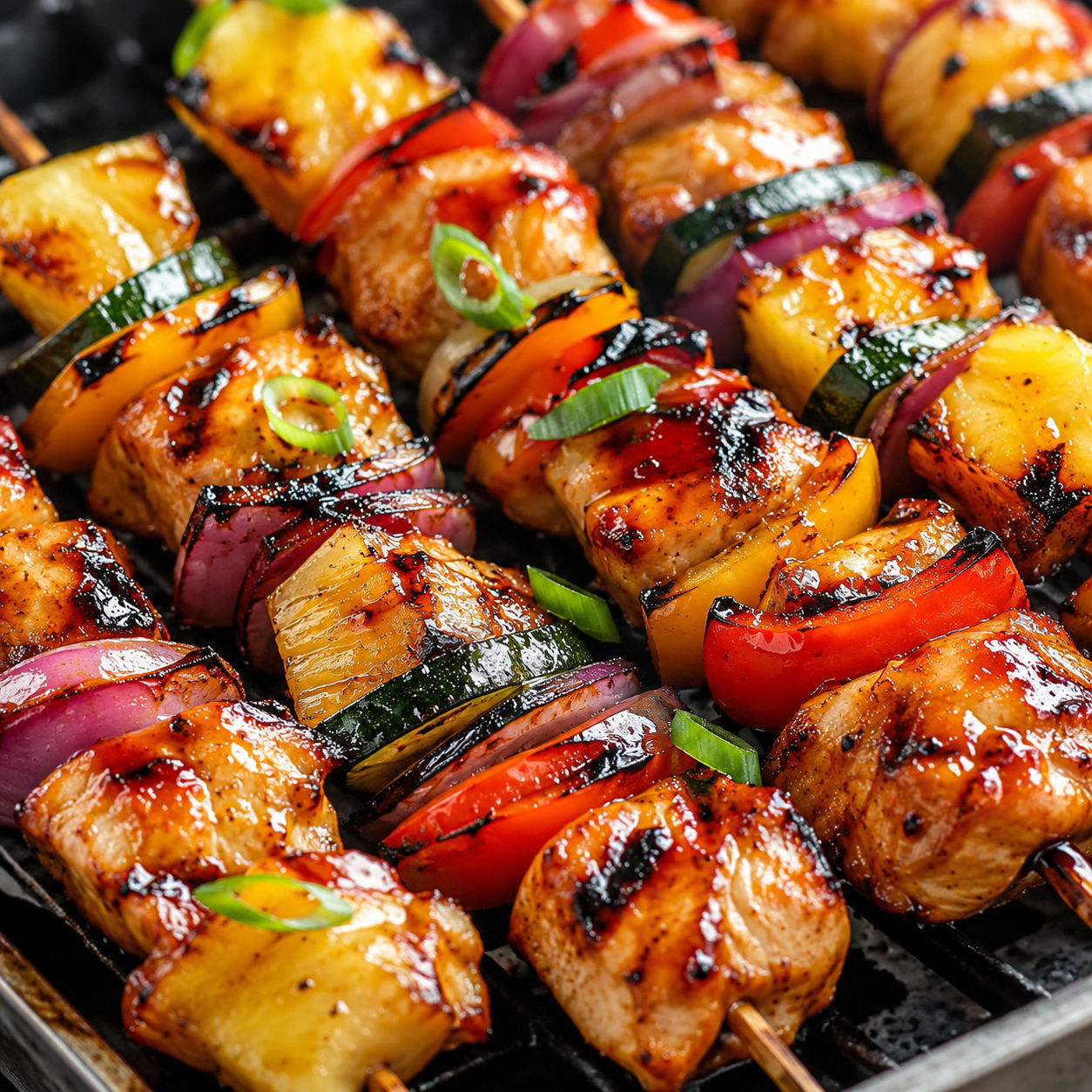 BBQ pineapple chicken kabobs with teriyaki glaze and grilled vegetables