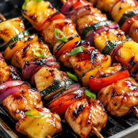 BBQ pineapple chicken kabobs with teriyaki glaze and grilled vegetables