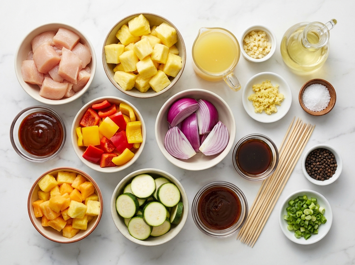 Raw chicken, pineapple, vegetables, and glaze ingredients for kabobs