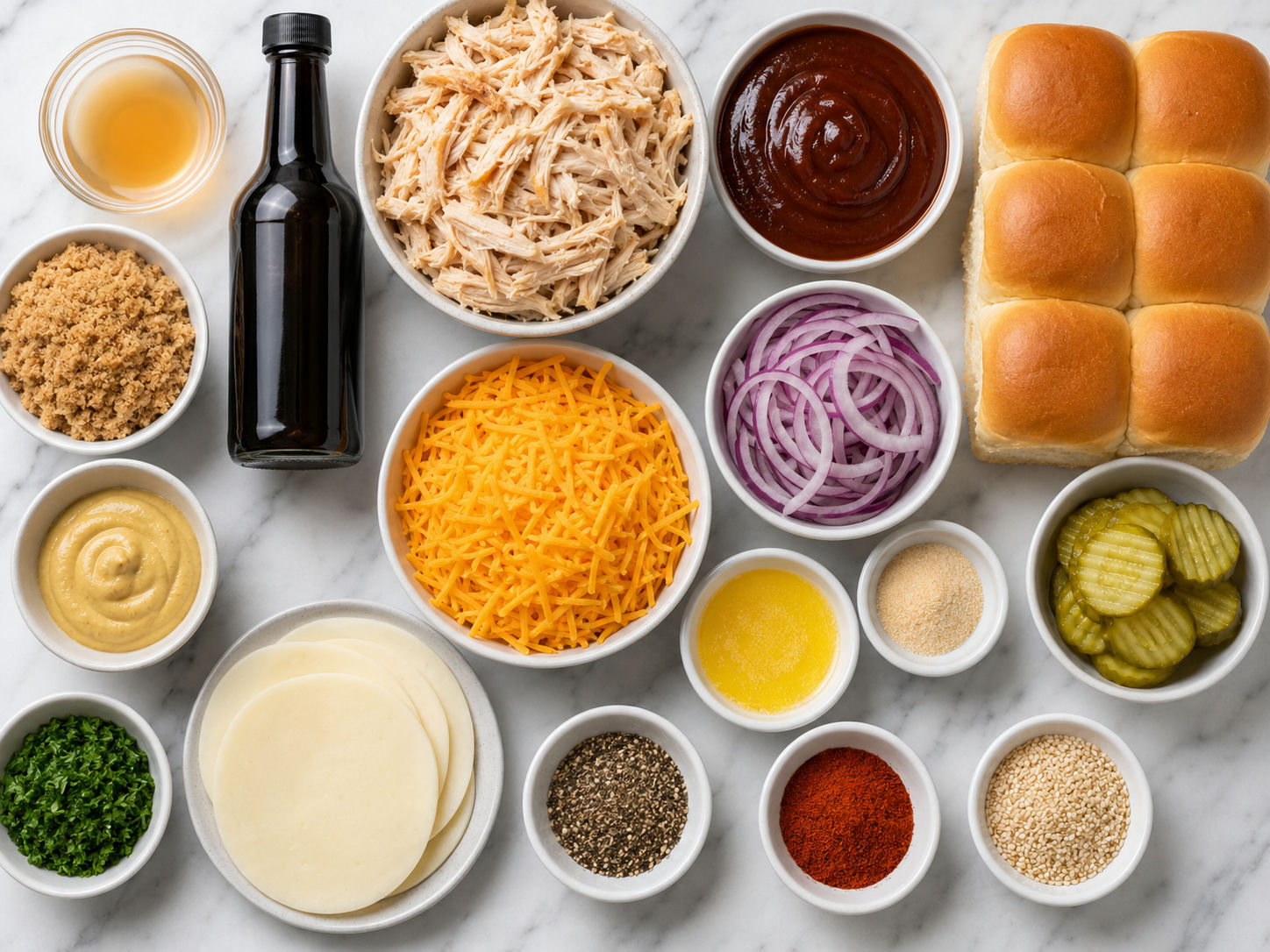 Ingredients for BBQ pulled chicken sliders with rolls, sauce, cheese, and pickles