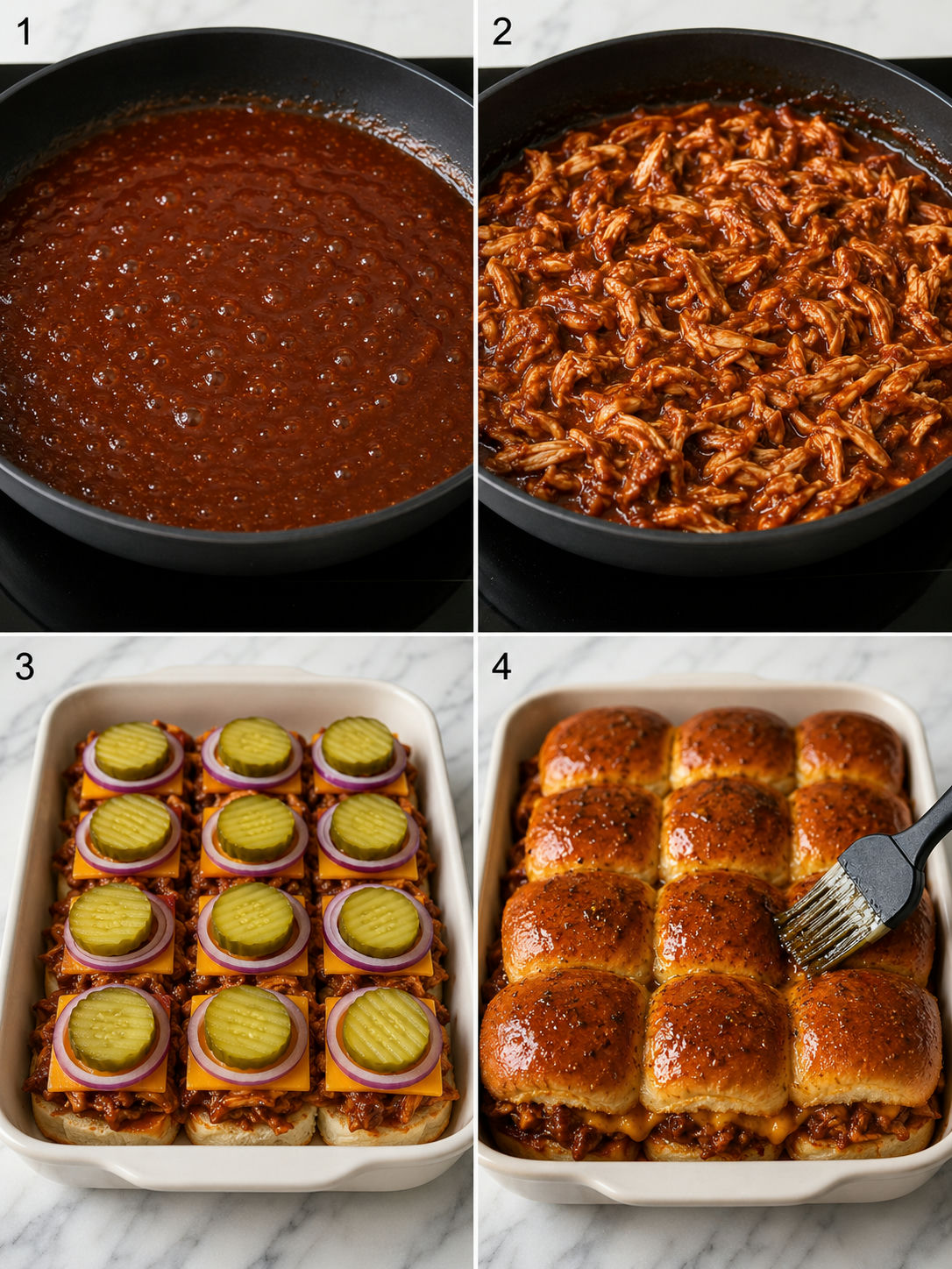 Four steps for making BBQ pulled chicken sliders in a baking dish