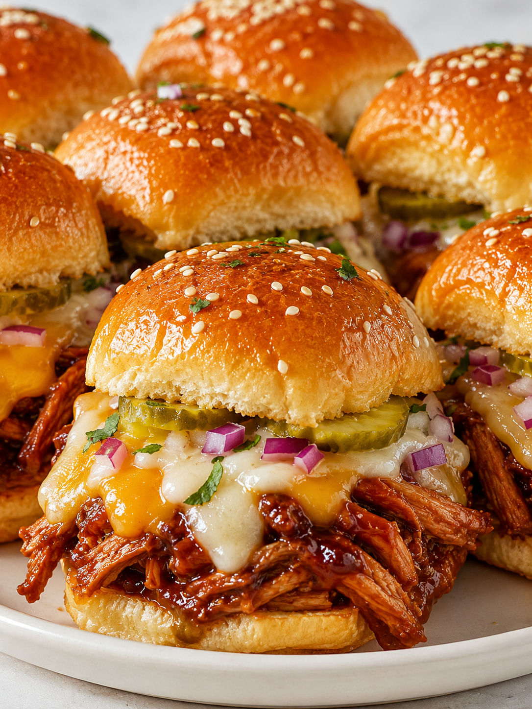 BBQ pulled chicken sliders filling the frame with melted cheese and golden rolls