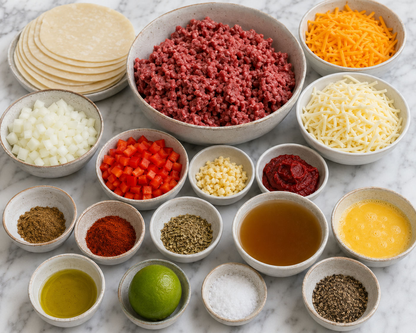 Ingredients for beef and cheese empanadas with dough, beef, peppers, and cheese
