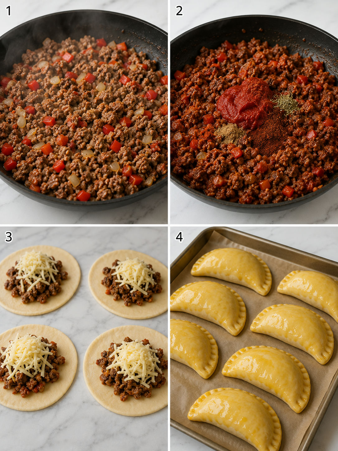 Four steps for making beef and cheese empanadas from skillet filling to baking