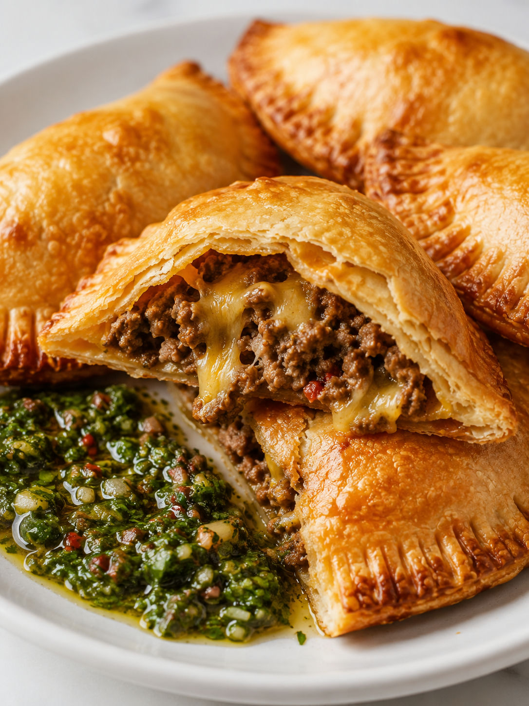 Beef and cheese empanadas split open with melted cheese and chimichurri