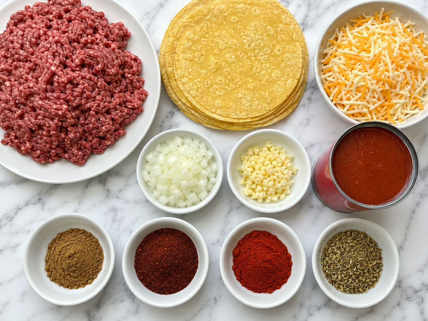 Raw ingredients for beef enchiladas including ground beef, corn tortillas, shredded cheese, and spices