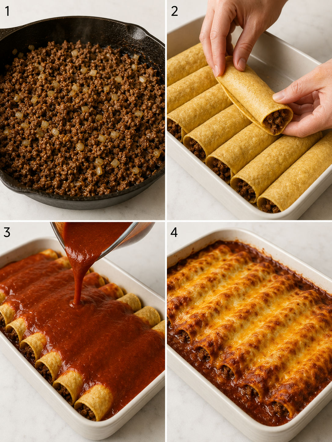 Four cooking steps for beef enchiladas from browning ground beef to golden melted cheese out of the oven