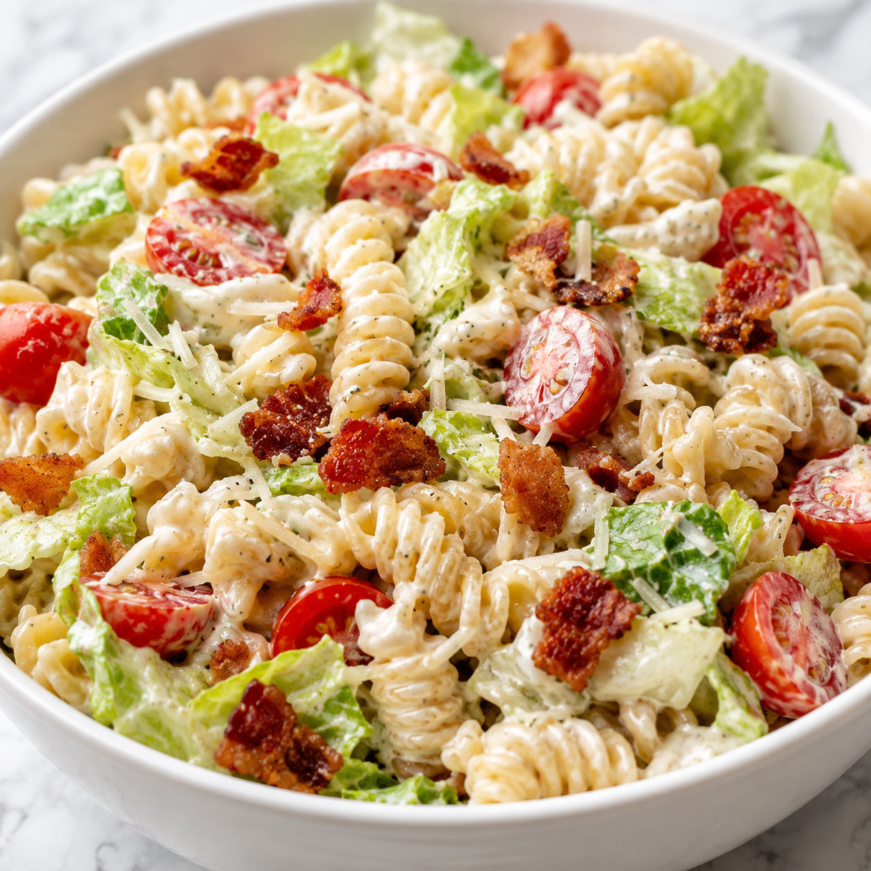 Creamy BLT pasta salad with bacon, tomatoes, and ranch dressing in a white bowl