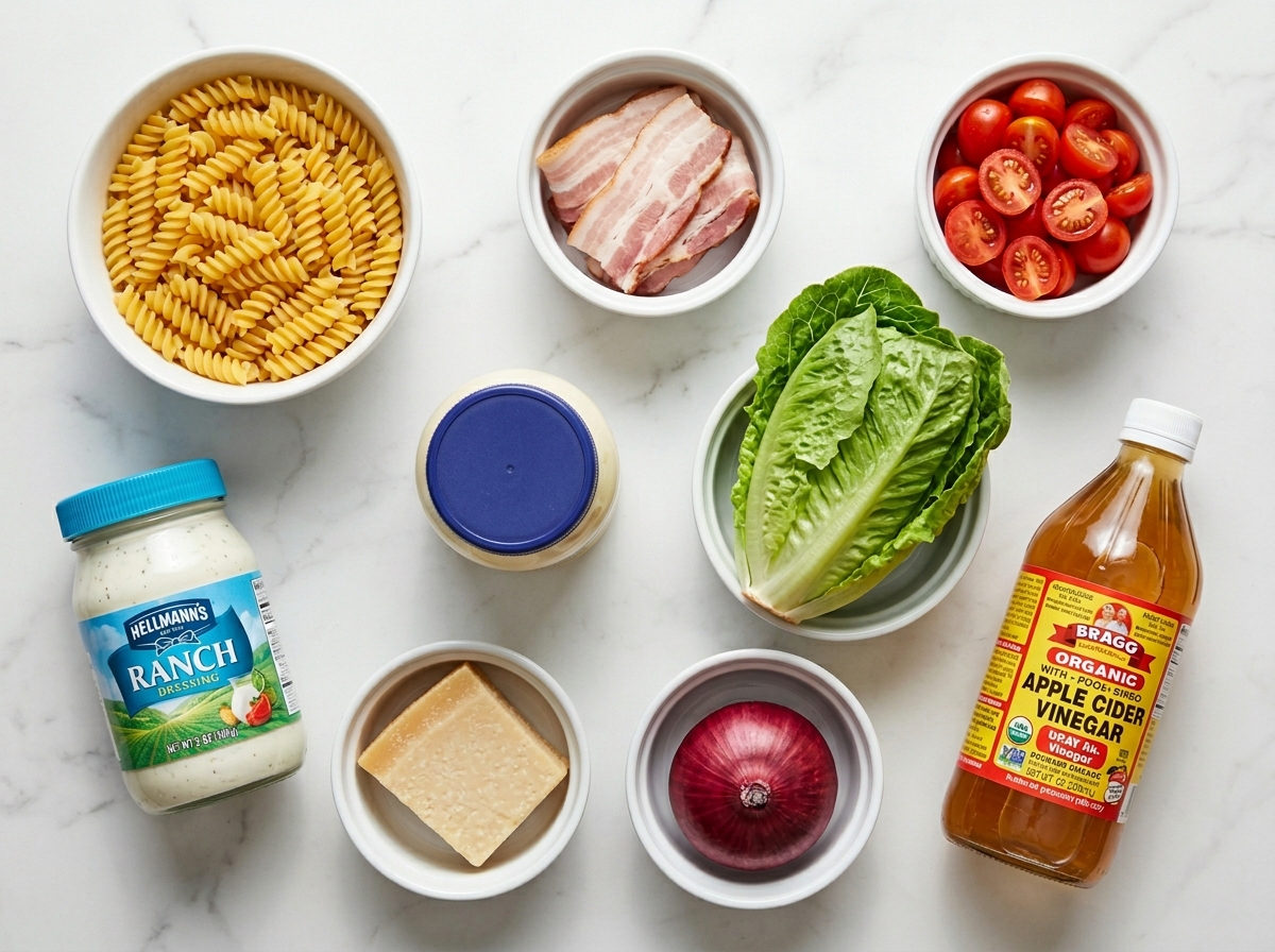 Raw ingredients for BLT pasta salad on a light wooden surface