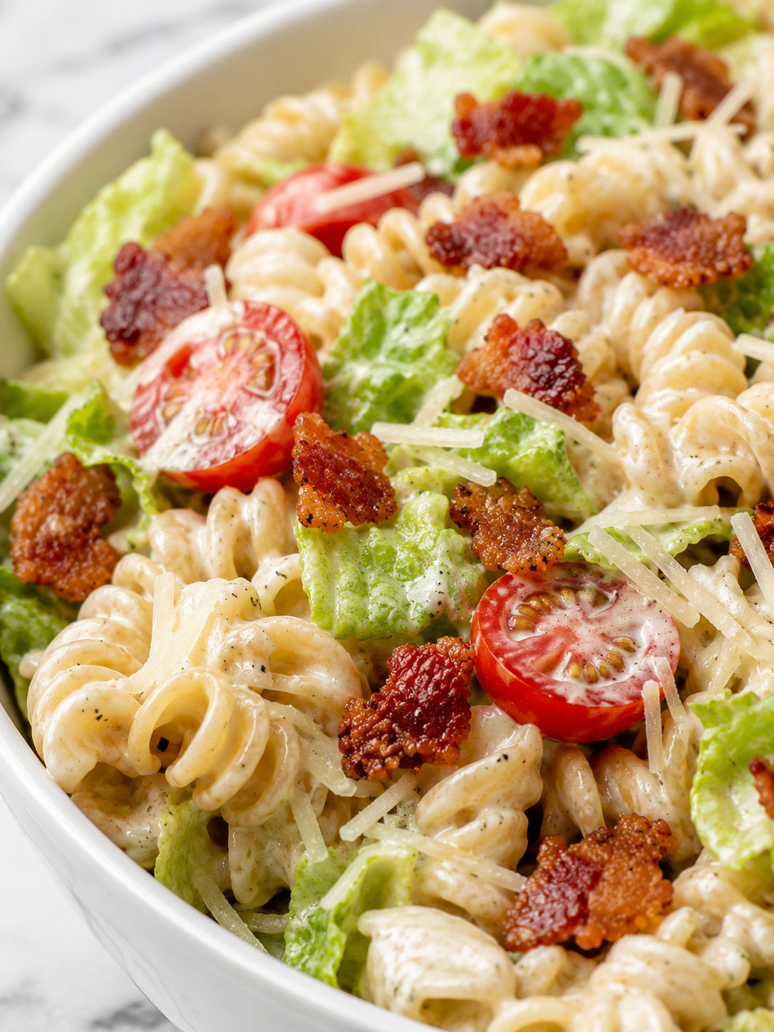 BLT Pasta Salad, plated and served