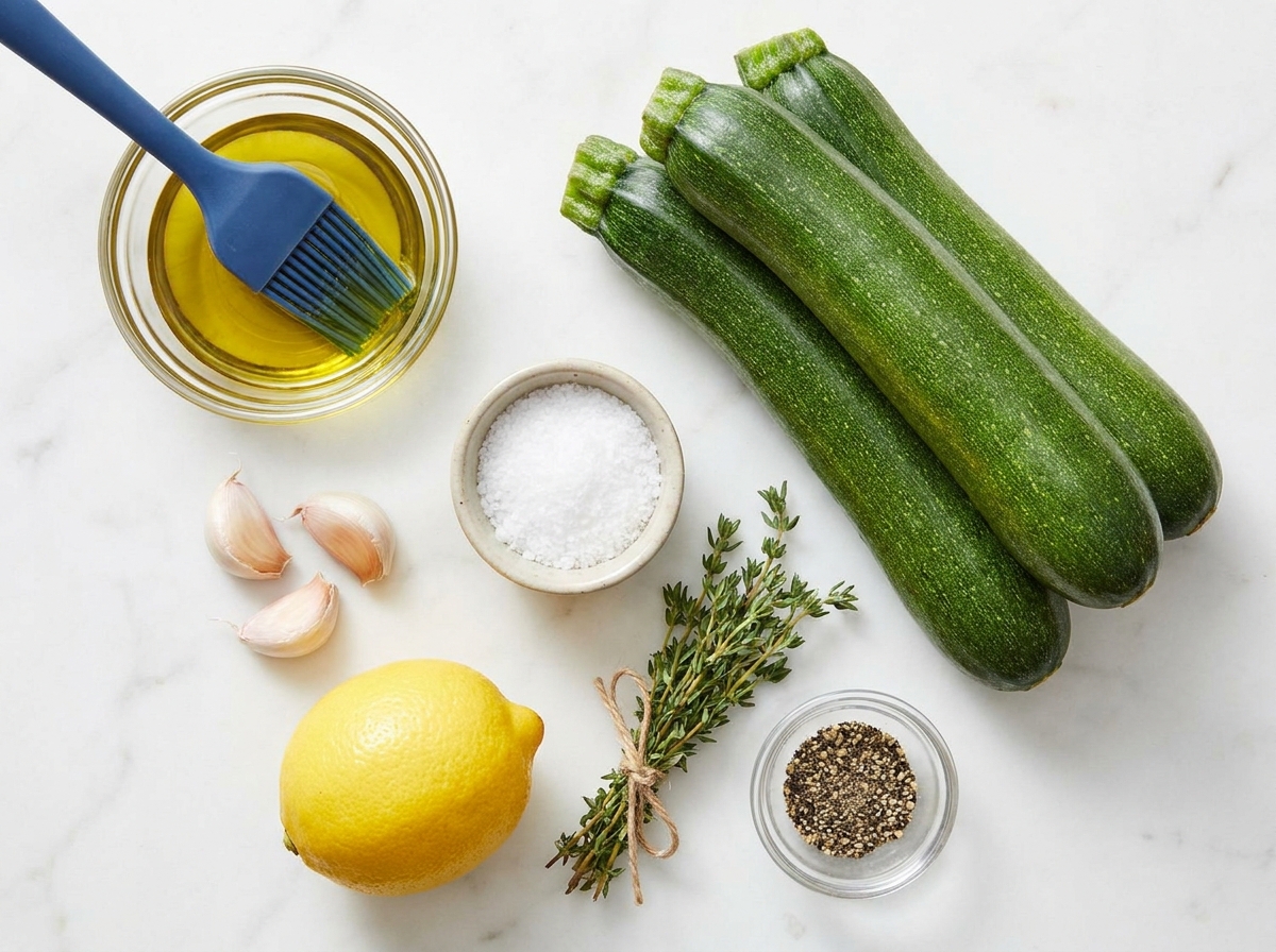 Zucchini, olive oil, garlic, lemon, and fresh thyme grouped on a marble surface