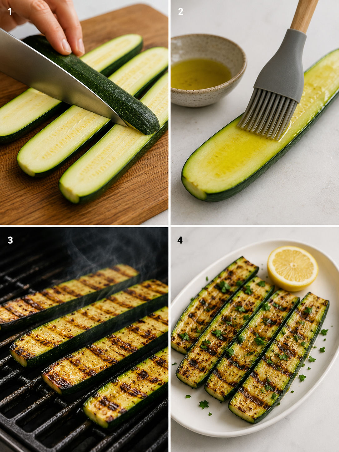Four steps of brushing zucchini with oil: slicing, brushing, grilling, and plating