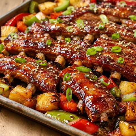 Pineapple glazed baby back ribs with peppers, sesame, and scallions