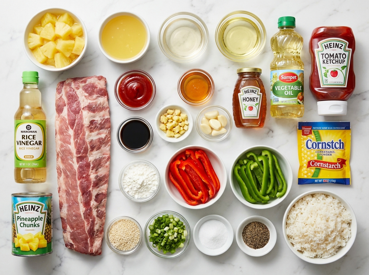 Raw ingredients for pineapple glazed baby back ribs with peppers and rice
