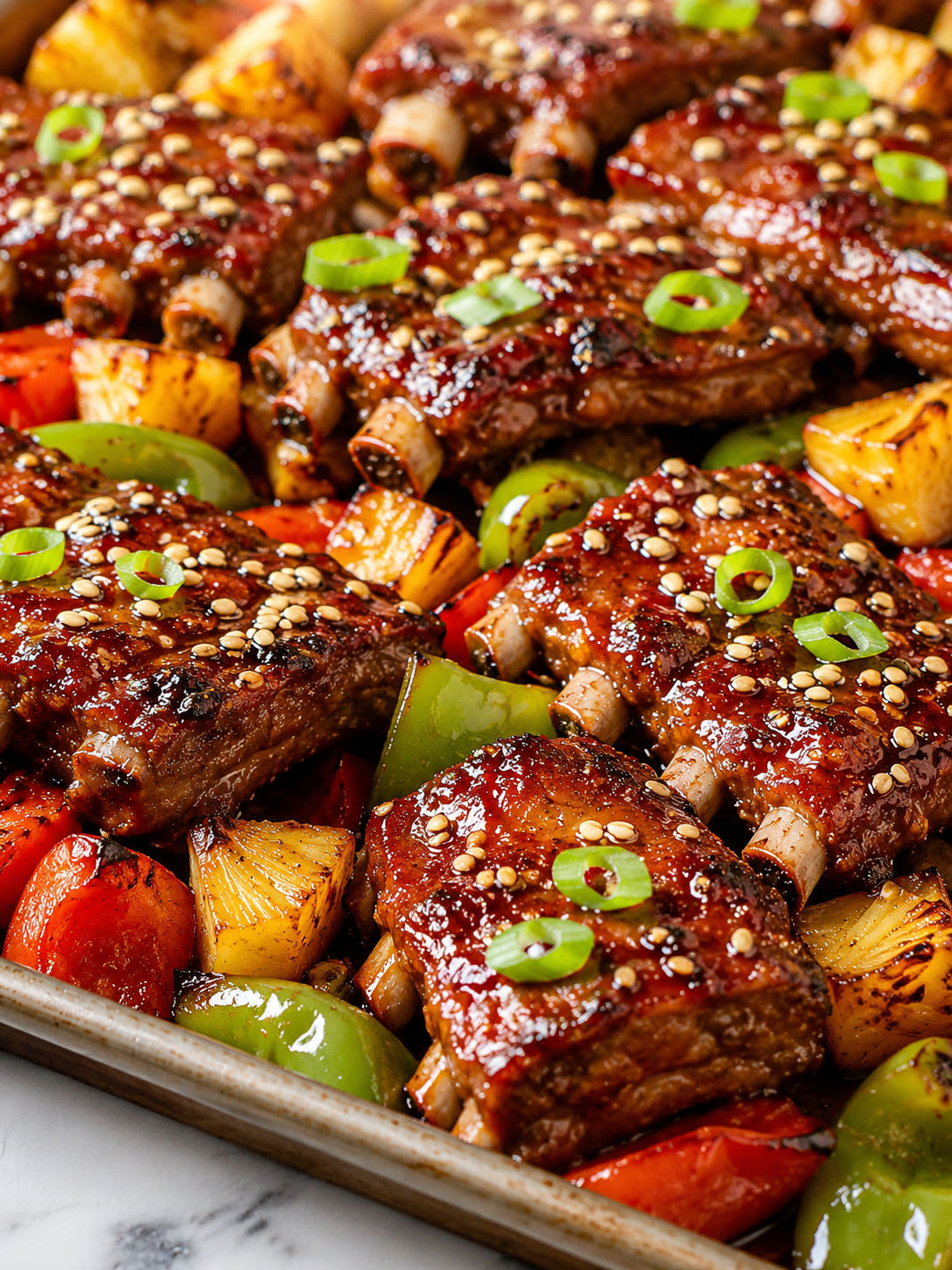 Baby Back Ribs Sheet Pan with Sweet and Tangy Pineapple Glaze, plated and served