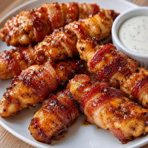Bacon-wrapped chicken tenders with caramelized brown sugar glaze on a white plate