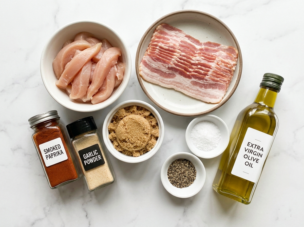 Raw chicken strips, bacon, brown sugar, and spices on a wooden counter