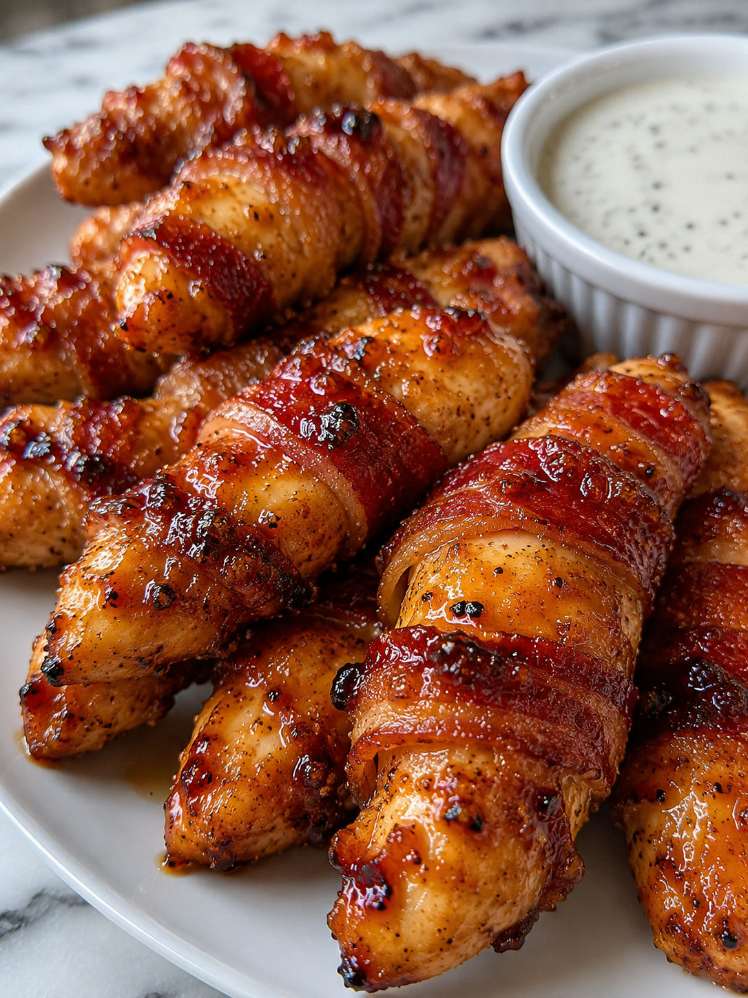 Bacon Brown Sugar Chicken Tenders, plated and served