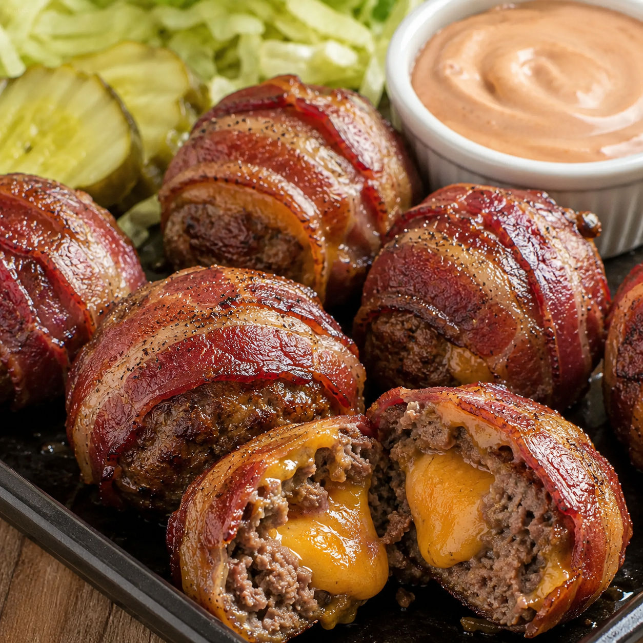 Bacon cheeseburger bombs with melted cheddar and creamy dipping sauce