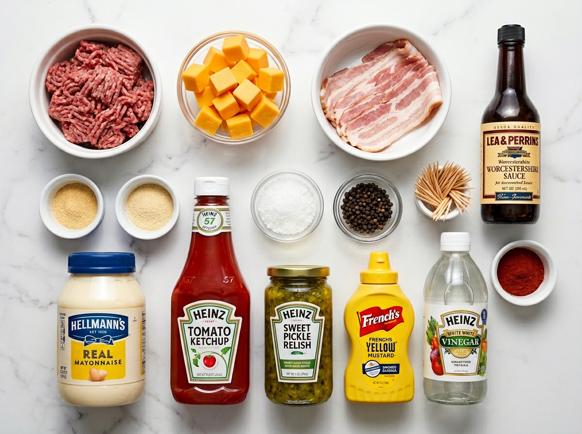 Ground beef, cheddar, bacon, and burger sauce ingredients on a wood surface
