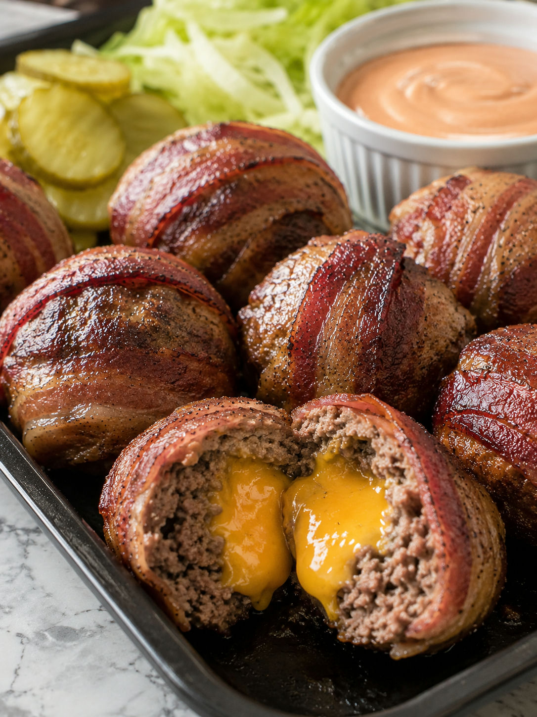 Bacon Cheeseburger Bombs with Dipping Sauce, plated and served