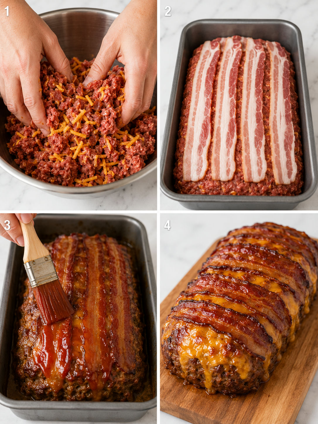 Four step-by-step panels showing bacon cheeseburger meatloaf from mixing to glazing to finished loaf