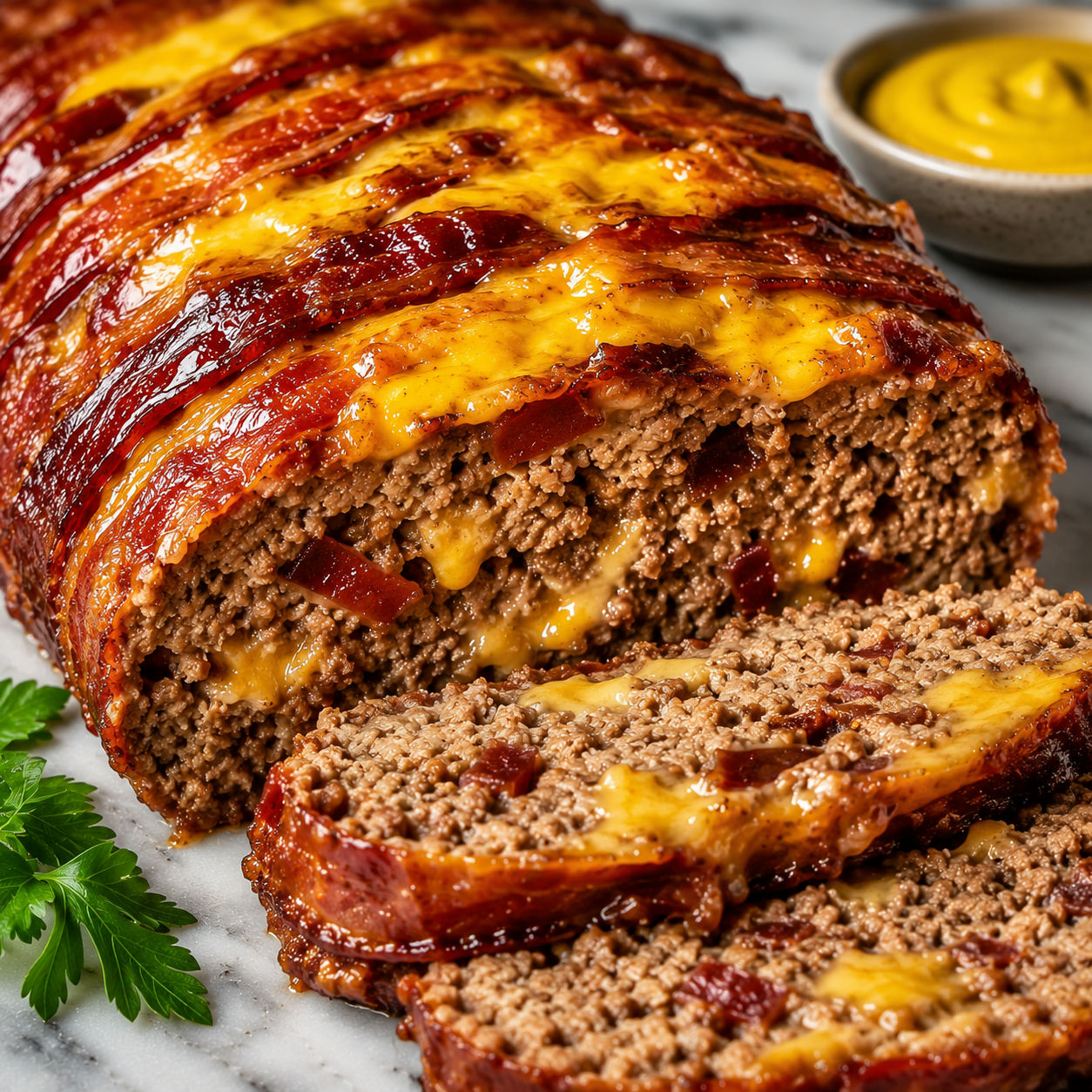 Overhead bacon cheeseburger meatloaf with caramelized bacon and melted cheddar glaze