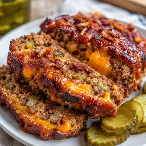 Bacon cheeseburger meatloaf slices with cheddar, bacon, glaze, and pickles