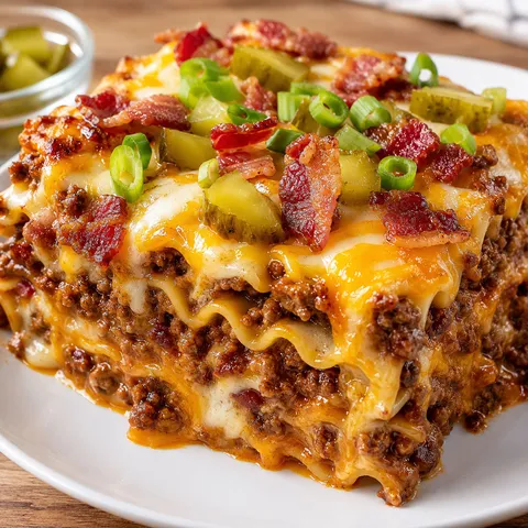 Bacon cheeseburger lasagna slice with beef, bacon, cheddar, and pickles