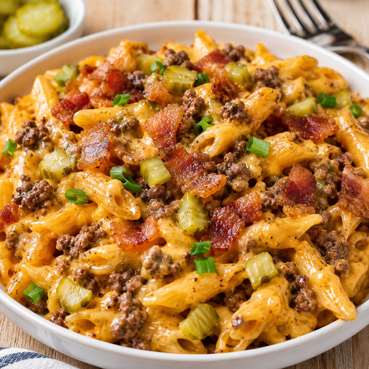 Creamy bacon cheeseburger penne with cheddar, beef, pickles, and bacon