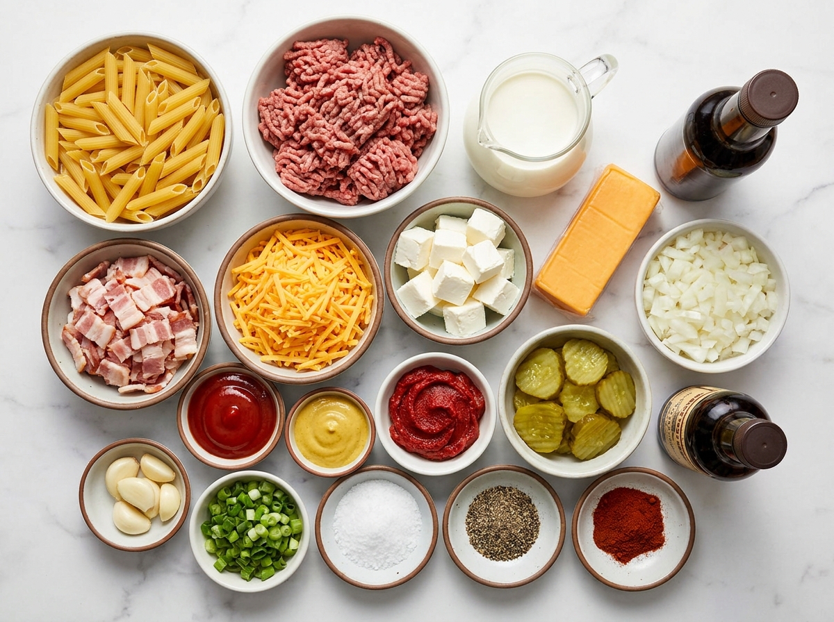 Ingredients for bacon cheeseburger penne with cheddar, beef, bacon, and pickles