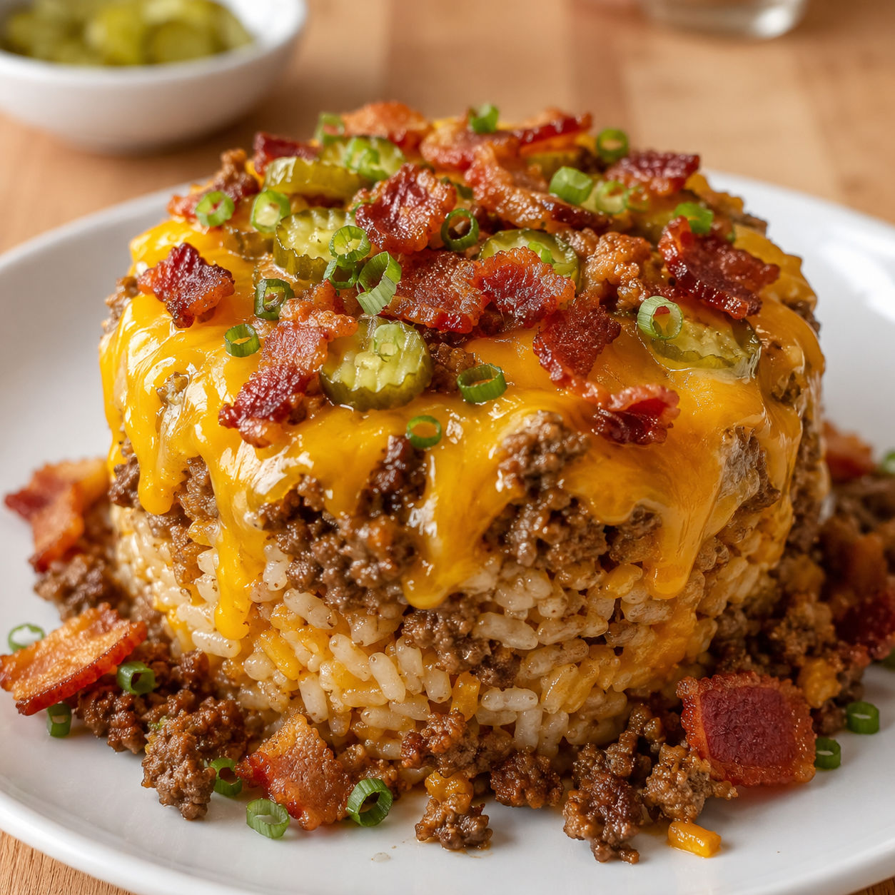 Bacon cheeseburger rice stack with melted cheddar, bacon, and pickles
