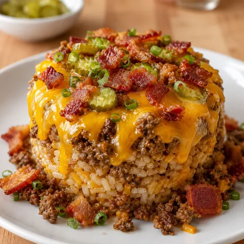 Bacon cheeseburger rice stack with melted cheddar, bacon, and pickles