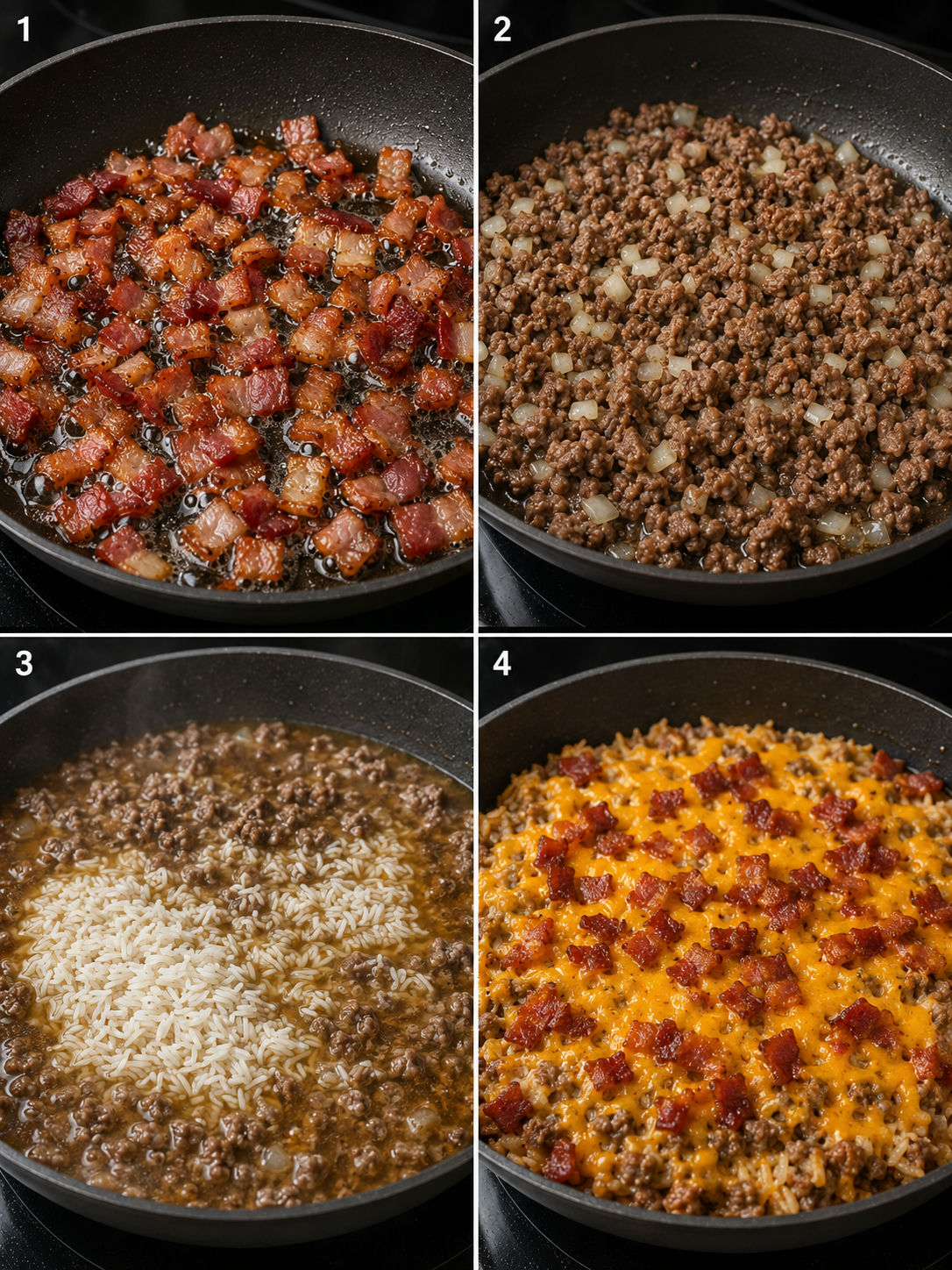 Four cooking steps for bacon cheeseburger rice from sizzling bacon to melted cheese finish