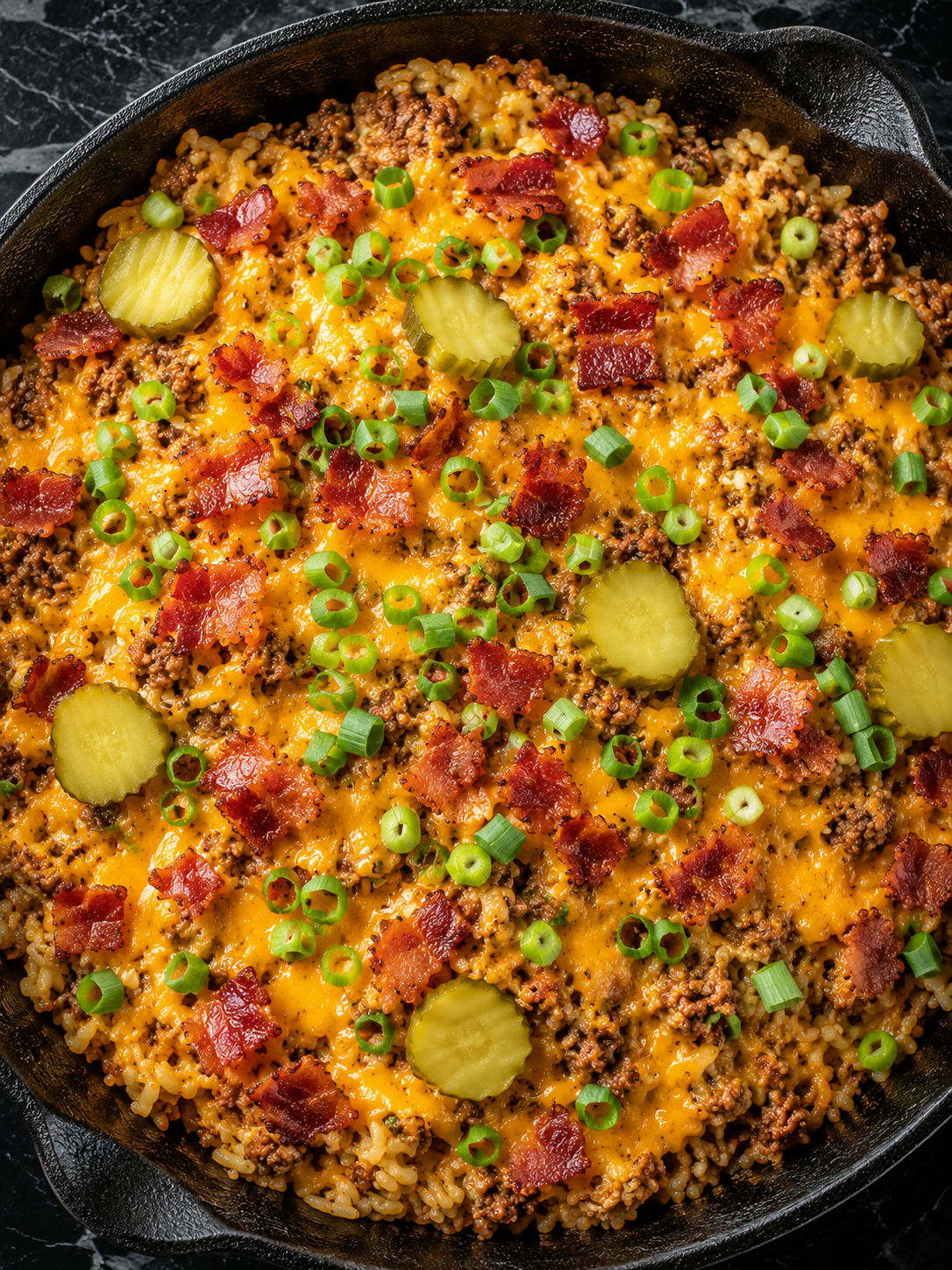 Overhead cast iron skillet of bacon cheeseburger rice with melted cheddar and crispy bacon