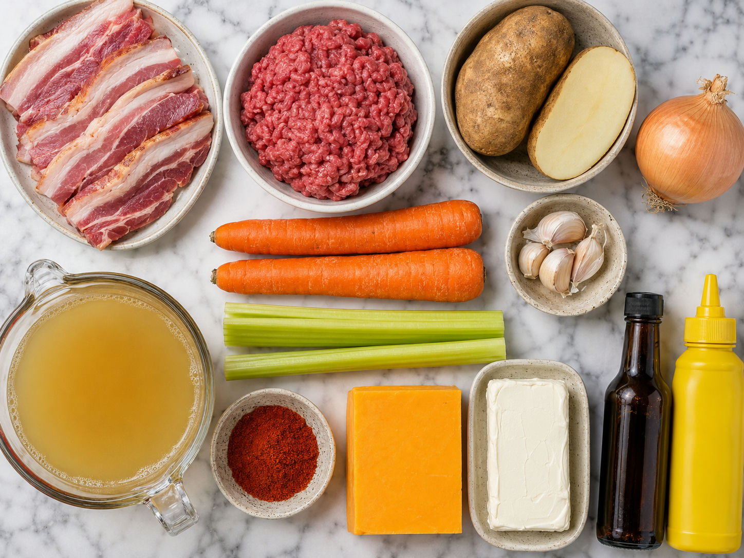 Raw ingredients for bacon cheeseburger soup on a wooden board including beef, bacon, cheddar, potatoes, and vegetables