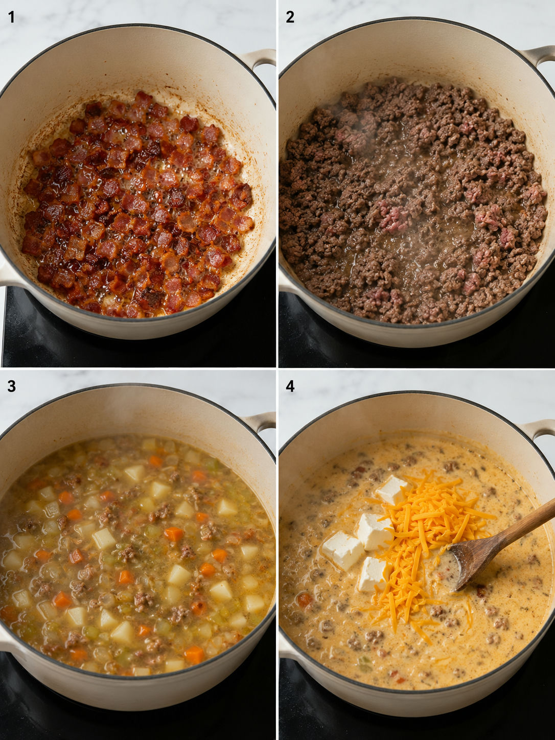 Four cooking steps for bacon cheeseburger soup showing bacon crisping, beef browning, broth simmering, and cheese melting in