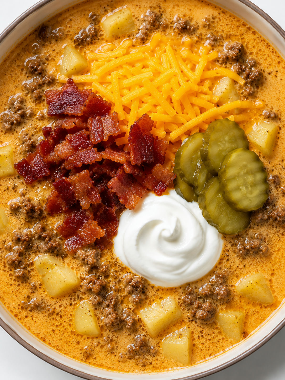 Overhead bowl of bacon cheeseburger soup piled with cheddar, crispy bacon, and pickle chips