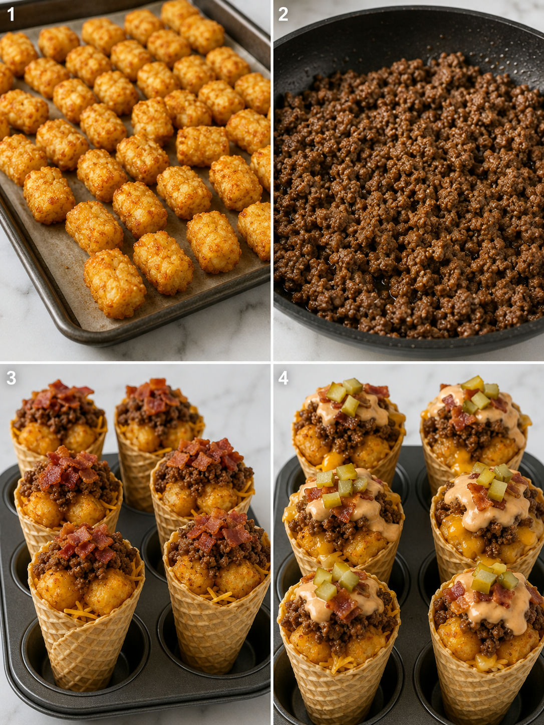 Four steps for making bacon cheeseburger tater tot cones