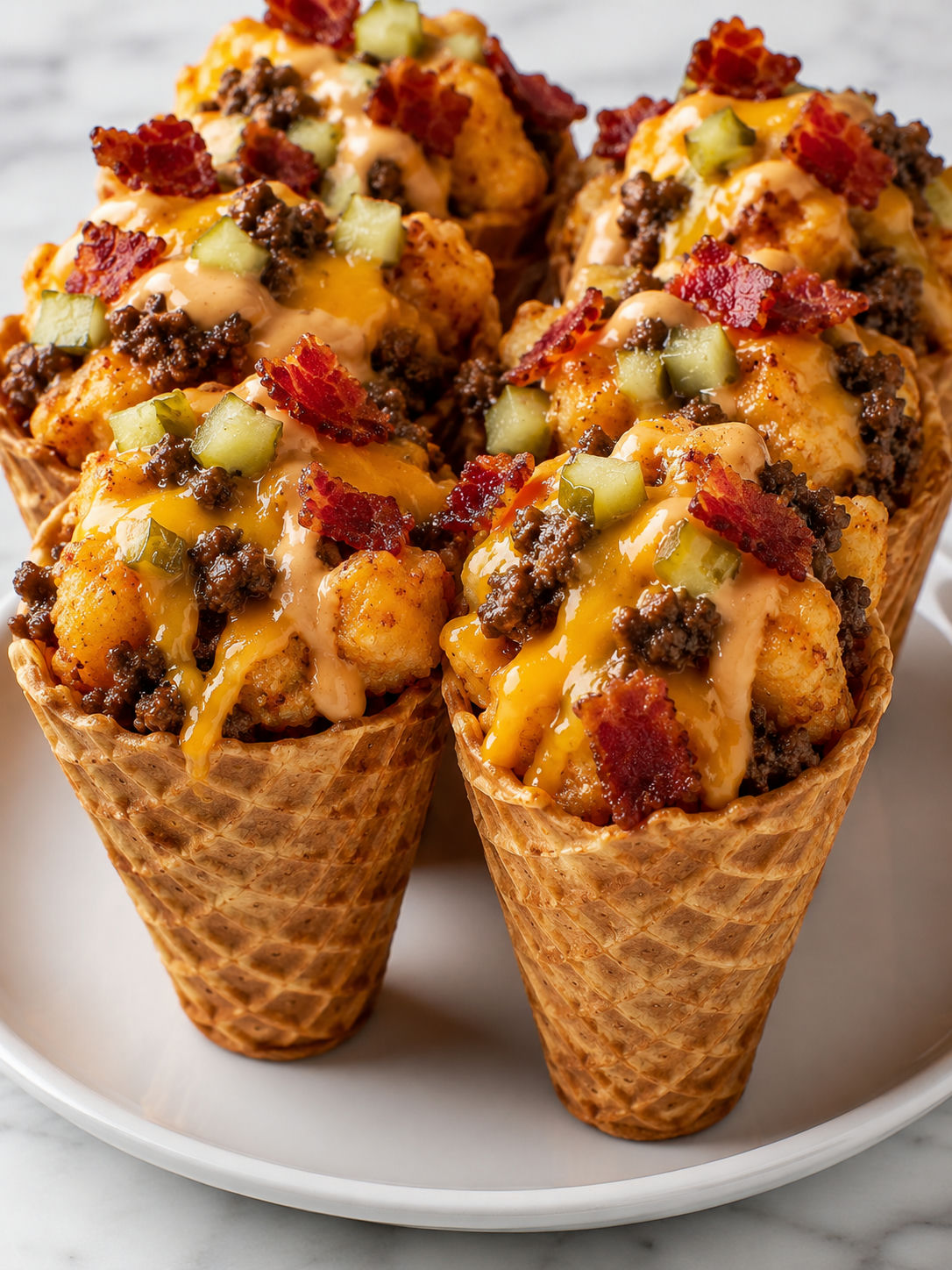 Bacon cheeseburger tater tot cones packed with cheddar, bacon, and pickles