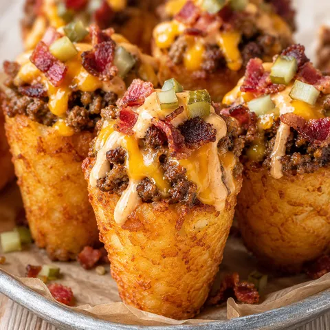 Bacon cheeseburger tater tot cones with cheddar, bacon, pickles, and sauce