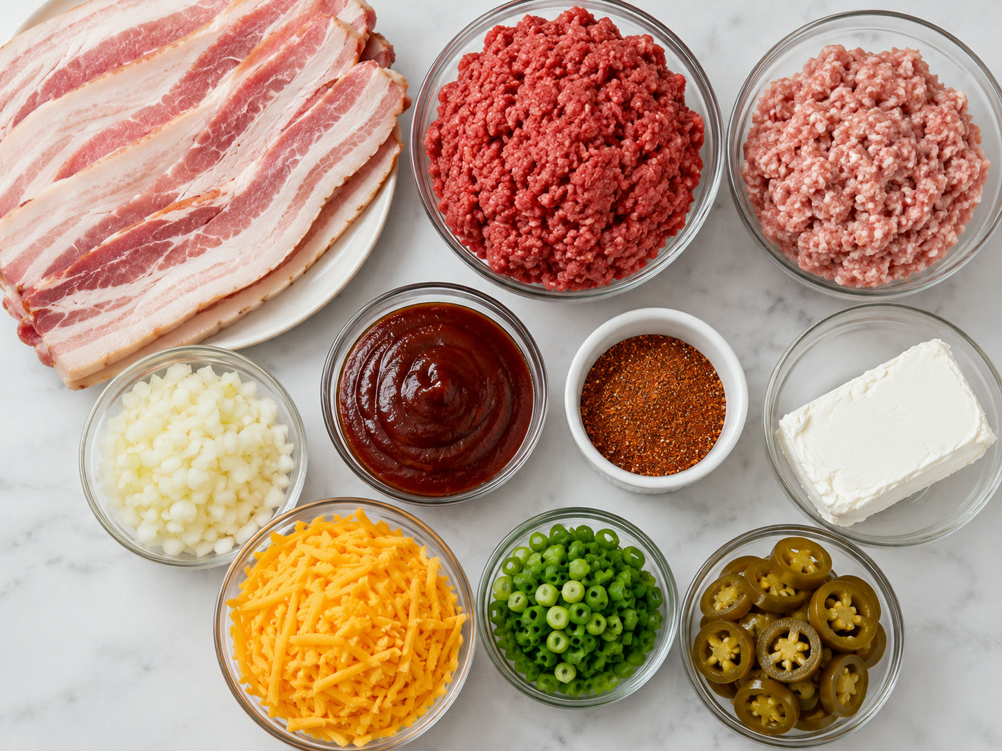 Ingredients for Bacon Explosion Casserole with bacon, beef, sausage, and cheddar