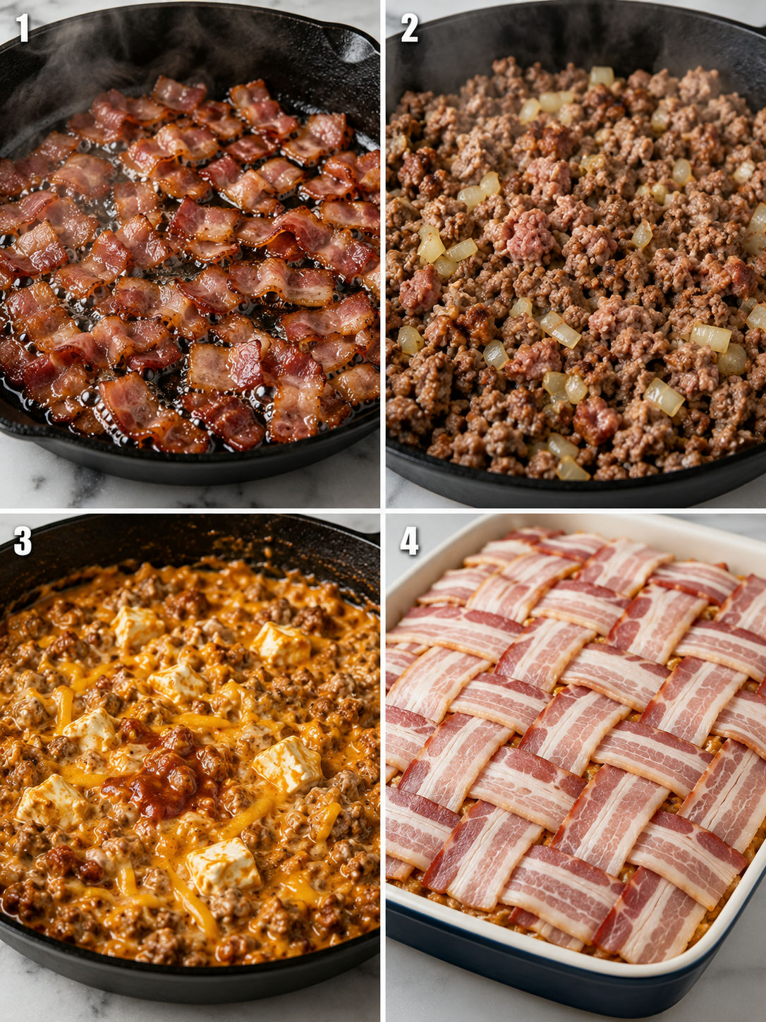 Four steps for making Bacon Explosion Casserole with bacon and meat filling
